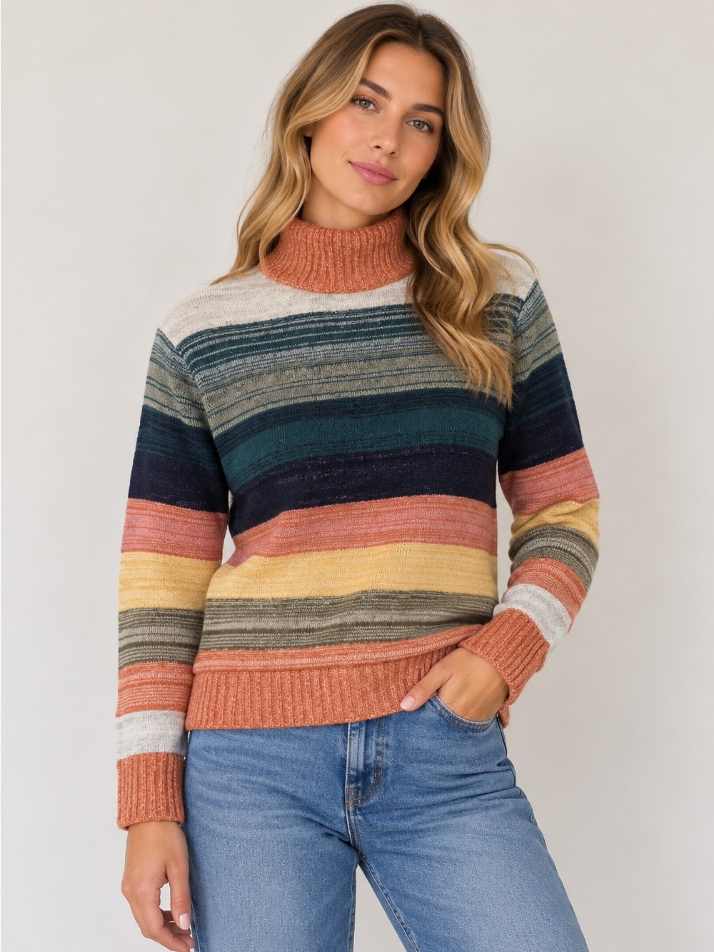 Caslon Striped Cowl Neck Sweater in Coral, Yellow, Navy